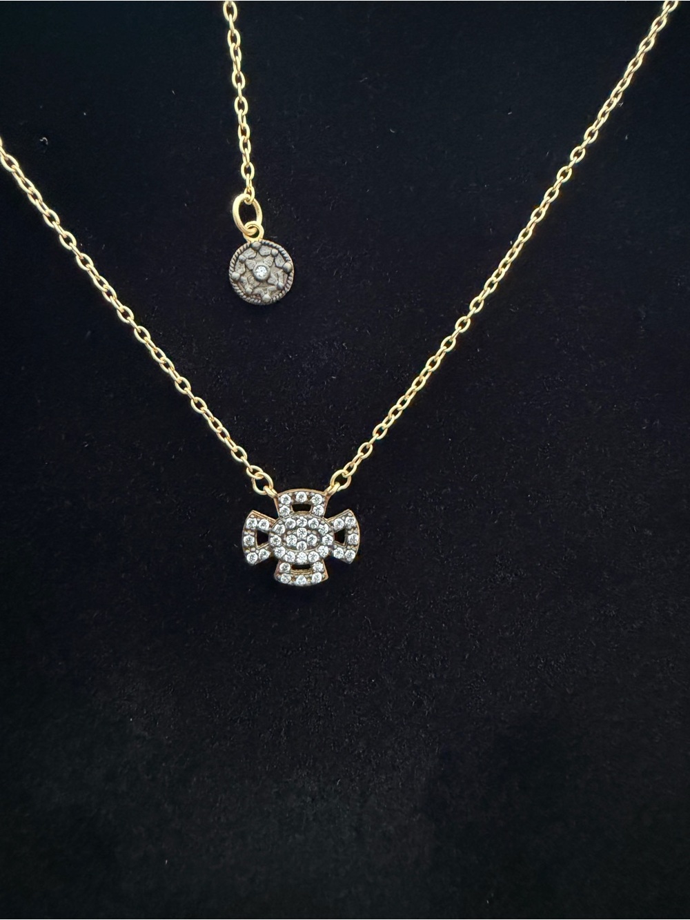 New Freida Rothman 14k Gold and black over Sterling Silver pave cross necklace